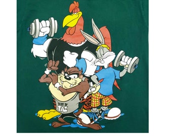 Looney Tunes T-shirt Medium Vintage 90s Double Sided Taz Bugs Foghorn Gym Workout Fitness Lift Weights Body Builder Streetwear Pine Green