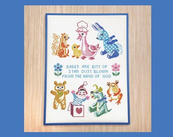 FINISHED Cross Stitch Babes Are Bits of Star Dust Blown From the Hand of God Framed Baby Nursery Vintage 70s 80s