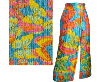 Vintage 60s Hostess Maxi Skirt XS Butterfly Quilted Satin Mod Mid Century Groovy Pencil Straight Sexy Slit Blue Pink Orange Yellow Prop