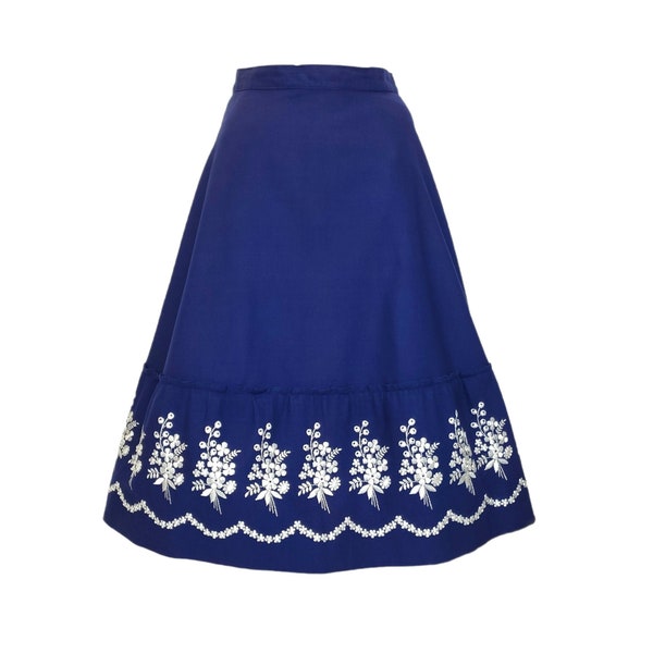 Vintage 70s Midi Skirt Womens XS XXS Floral Embroidered Tiered Ruffle Navy Blue White Tracht Dirndl