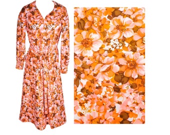 Vintage 60s 70s Maxi Dress Medium Large Hawaiian Floral Mod Kaftan Shift Neon Orange Pink Brown Matching Bag Long Sleeve Waist Tie Prop