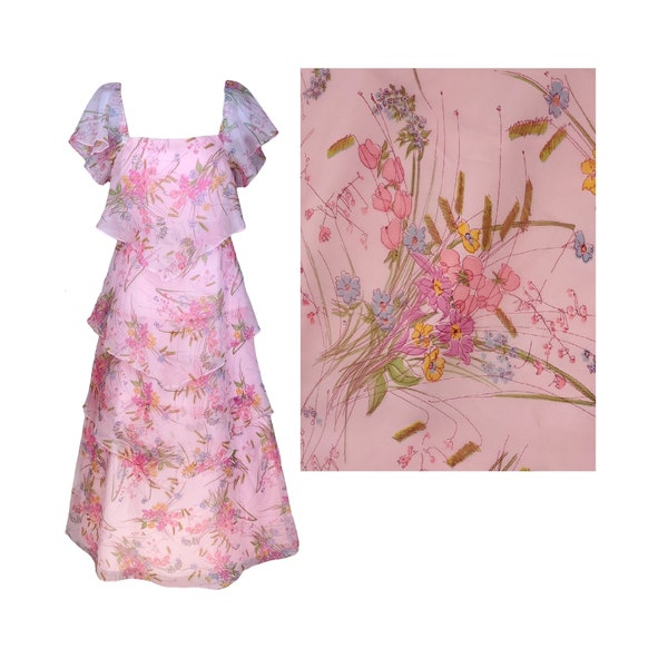 Vintage 70s Maxi Dress Medium Floral Tiered Sheer Handkerchief Romantic Pink Multicolor Bridesmaid Prom Easter Cottagecore Kawaii Prop USA
