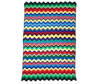 Afghan Throw Blanket Chevron Ripple Crochet 48x74 inches Couch Vintage Multicolor Primary Color Red Blue Green Yellow Granny Grandmacore