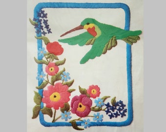 Hummingbird Crewel Embroidery Kit McNeill Super Stitchery 5135 Vintage 80s 16x20 Bird Floral Framed Picture Pillow Cover Garden Nature Boho
