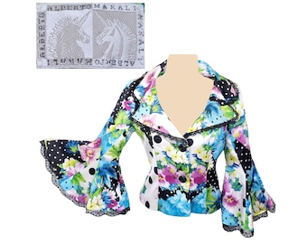 Alberto Makali Blazer Jacket XS XXS Vintage 80s 90s Silk Floral Polka Dot Lace Art Bell Sleeve USA Festival Statement Whimsical Funky Prop