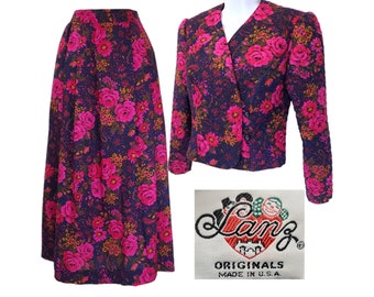 Lanz Originals Set Skirt Suit Small Floral Rose Vintage 80s USA Quilted Jacket Midi Blue Pink Modest Granny Grandma Boho Church Teacher Prop