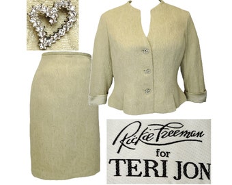 Rickie Freeman Teri Jon Blazer Skirt Suit Medium 10 12 Silk Wool Floral Brocade Vintage 80s Pastel Green Rhinestone Heart Buttons Church