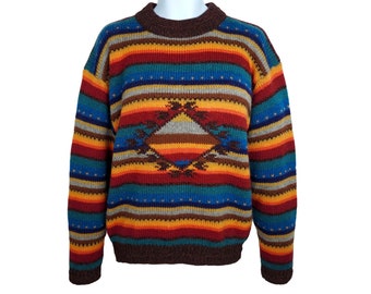 Woolrich Woman Sweater Womens Large Chunky Wool Vintage 90s Multicolor Aztec Southwestern Tribal Stripe Indian Blanket Boho Rustic Colorful