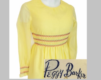 Vintage 70s Maxi Dress Womens Small Smocked Long Sleeve Empire Waist Pastel Yellow Semi-Sheer Boho Kawaii Country Hippie Prop