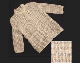 Vintage 80s Cardigan Sweater Jacket Womens Medium Mohair Wool Waffle Ribbed Stripe I Magnin Boho Cottagecore Granny Coastal Grandma Rustic