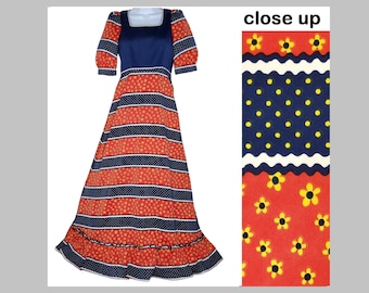 Vintage 70s Maxi Dress Small Striped Calico Floral Farm Patriotic Country Prop Red White Blue Fit & Flare Ruffle Mixed Patterns Polka Dot