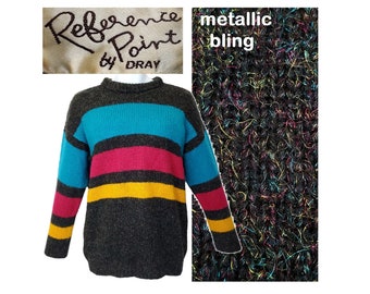 Vintage 80s Sweater Womens Large Striped Tunic Metallic Bling Multicolor Black Blue Pink Yellow  Prop