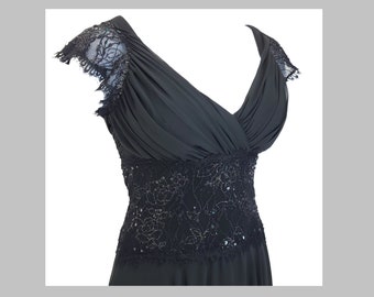 Joseph Ribkoff Dress 6 Small Fit Flare LBD V-neck Bling Sequins Party Cocktail Black Knee Cap Sleeve Holiday Dance Sexy Classic Goth Vamp