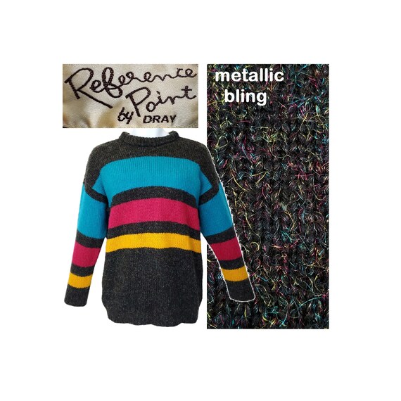 Vintage 80s Sweater Womens Large Striped Tunic Metallic Bling Multicolor Black Blue Pink Yellow  Prop
