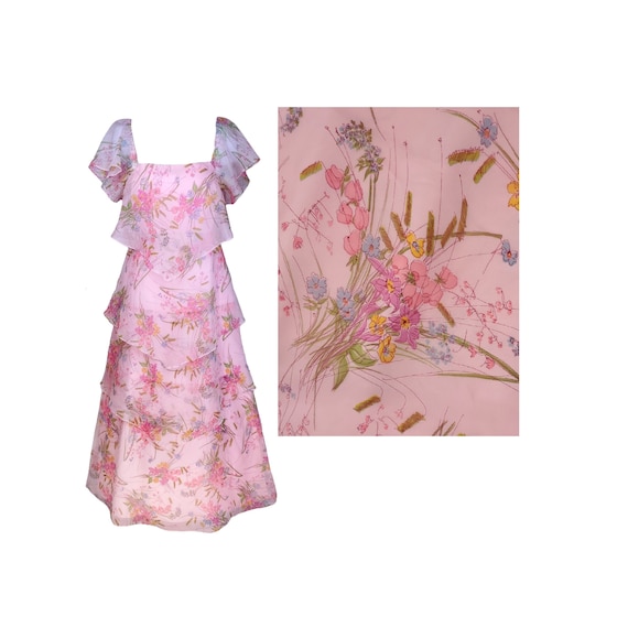 Vintage 70s Maxi Dress Medium Floral Tiered Sheer… - image 1