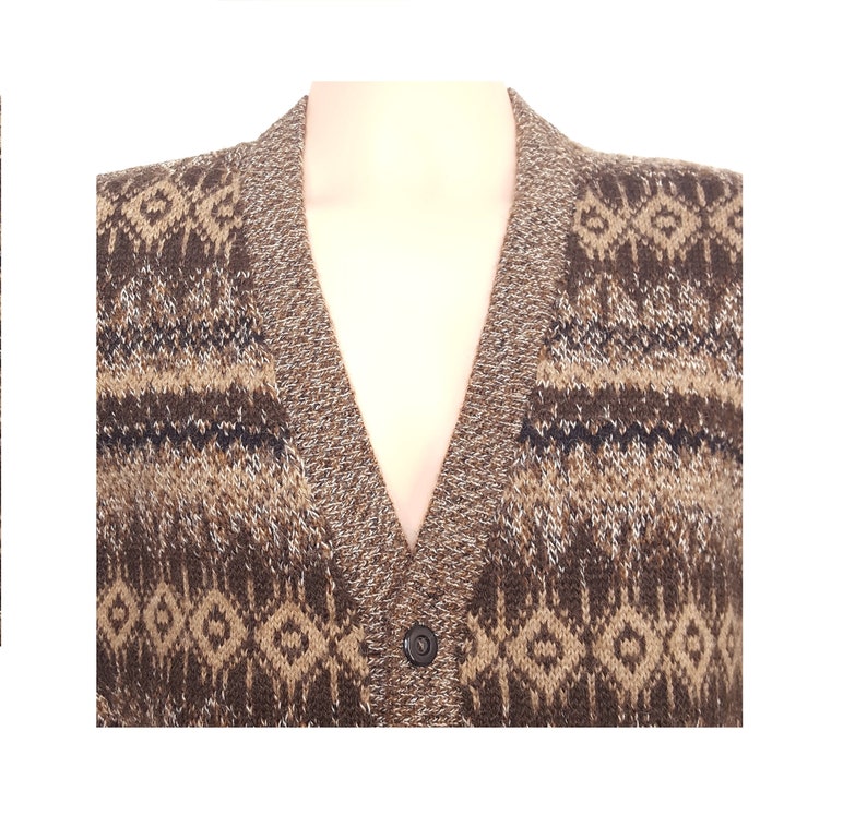 Alpaca Wool Cardigan Sweater Mens Large Handmade in Peru Cottagecore Geometric V-neck Pockets Womens Large XL