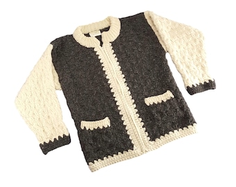 Otavalo Sweater Jacket Womens Small Medium Cardigan Chunky Wool Cable Hand Knit Ecuador Folk Art Gray Ivory Minimalist Boho Rustic Cottage