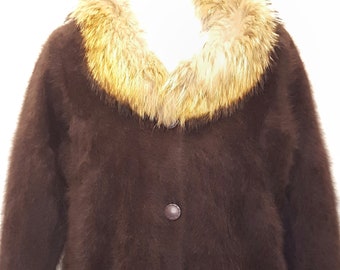 Angora Coat Womens Size Medium Large Connie A Lee 80% Angora Knee Length Raccoon Fur Trim Brown Vintage 80s 90s Grandma Mob Wife