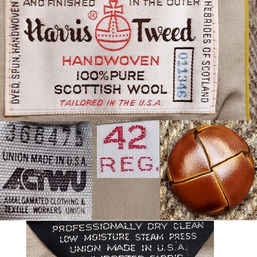 Harris Tweed Sport Coat 40 42R Herringbone Wool Vintage 80s 90s Unstructured Brown Beige Academia Preppy Professor shops Grandpa Union Made USA