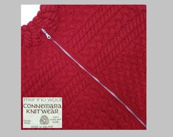Connemara Knitwear Cardigan Sweater Jacket Womens XXL 1X Merino Wool Cable Knit Fisherman Red Zip Aran Ireland Christmas Preppy Academia