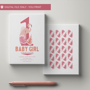 Digitale Baby-Mädchen-Geburtstags-Einladung - rosa Flamingo / wildes Thema