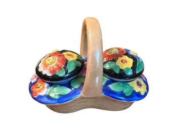 Vintage Chickaramachi Japan Flower Basket Salt & Pepper Shakers In Caddy Cottage