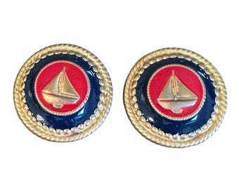 Vinatge Nautical Gold Tone Sailboat Clip On Earrings USA Red Blue Round 1 in