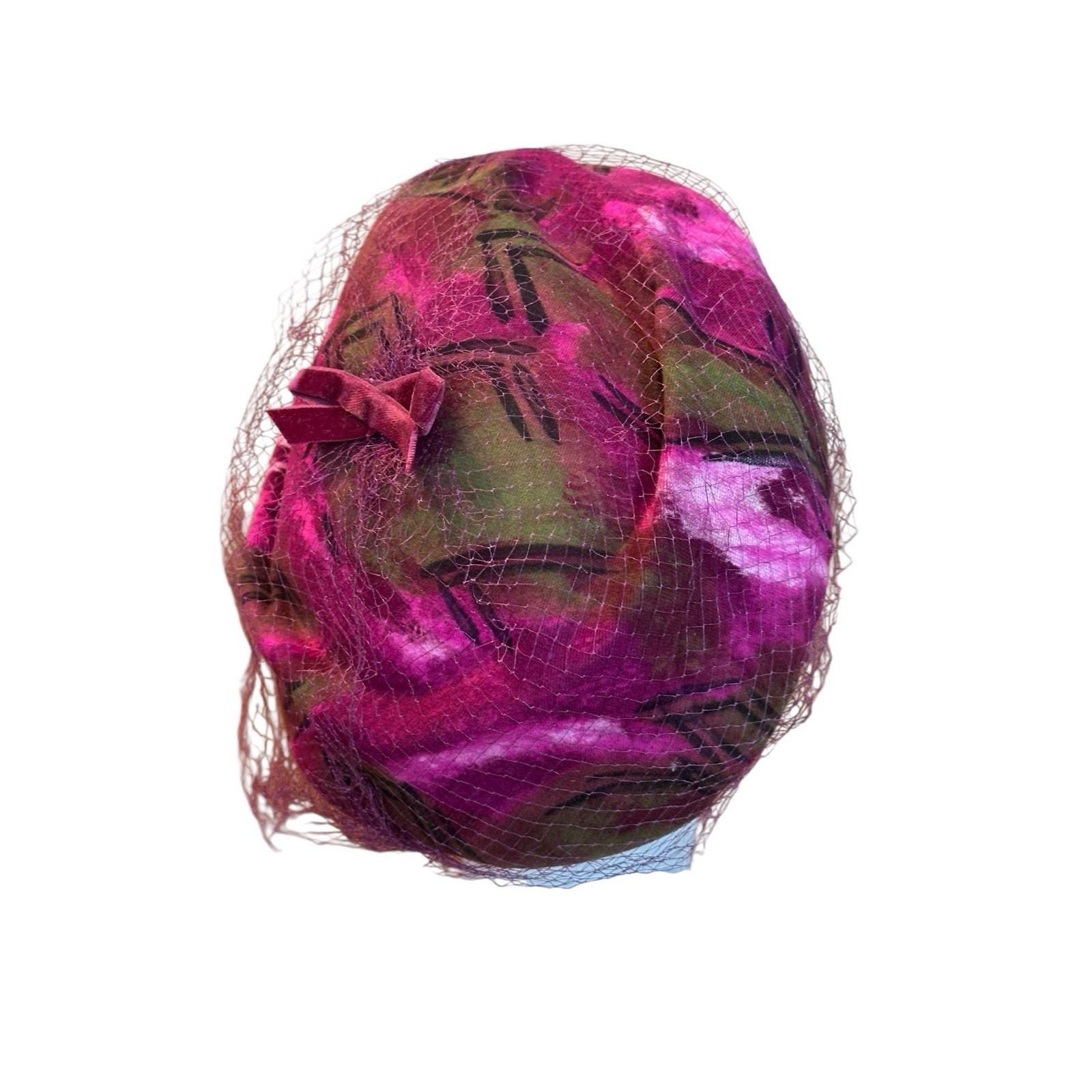 Vintage 1960\'s Union Made USA Velvet‎ Cocktail Pillbox Hat Veil Magenta Green Vintage 1960 main image 4