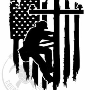 May include: Black and white silhouette of a lineman climbing a utility pole, with an American flag in the background. The flag is distressed and has a grunge effect.