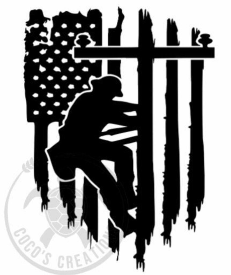 May include: Black and white silhouette of a lineman climbing a utility pole, with an American flag in the background. The flag is distressed and has a grunge effect.