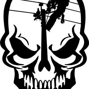 May include: Black and white silhouette of a skull with a lineman working on a power line in the background.