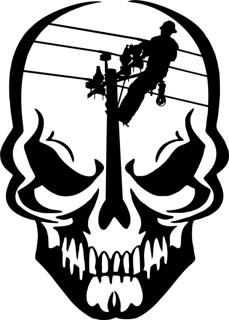 May include: Black and white silhouette of a skull with a lineman working on a power line in the background.