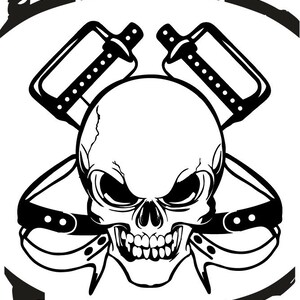 May include: Black and white illustration of a skull with crossed wrenches and the text "LINE LIFE".