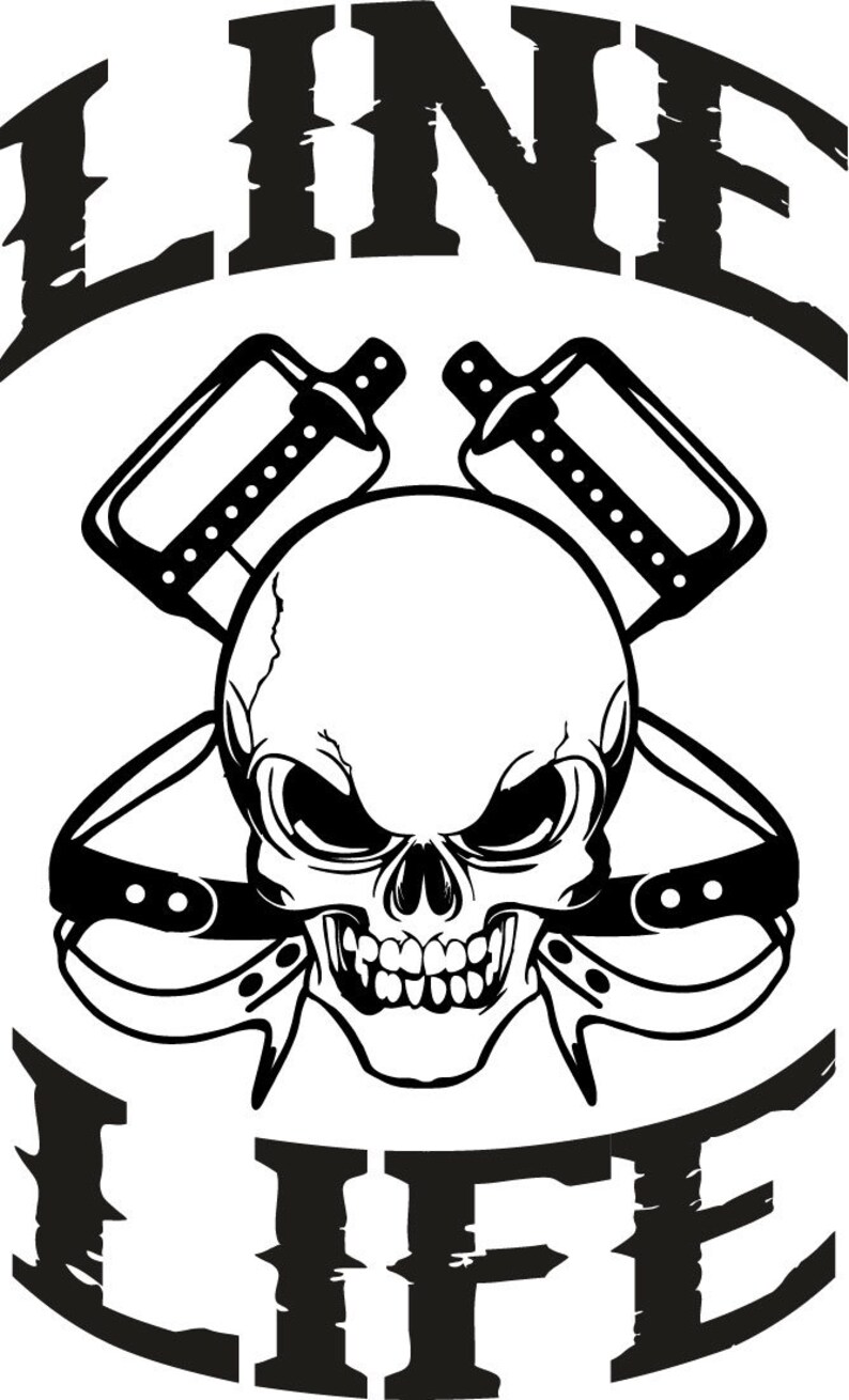 May include: Black and white illustration of a skull with crossed wrenches and the text "LINE LIFE".