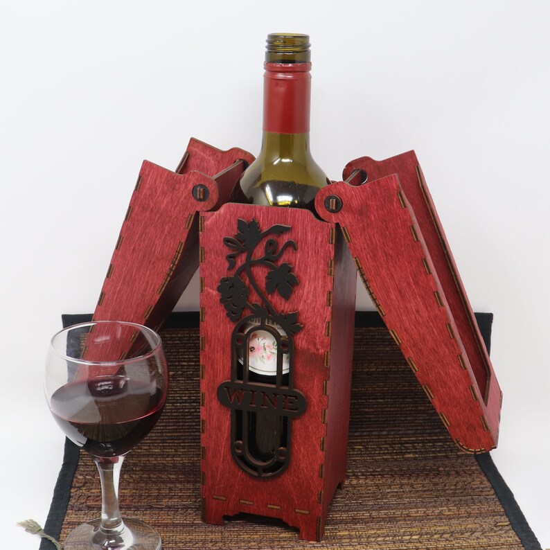 Hinged Wine Box, Wooden Wine Box, Wine Gift, Laser Cut Box, Wedding Gift, Christmas Gift
