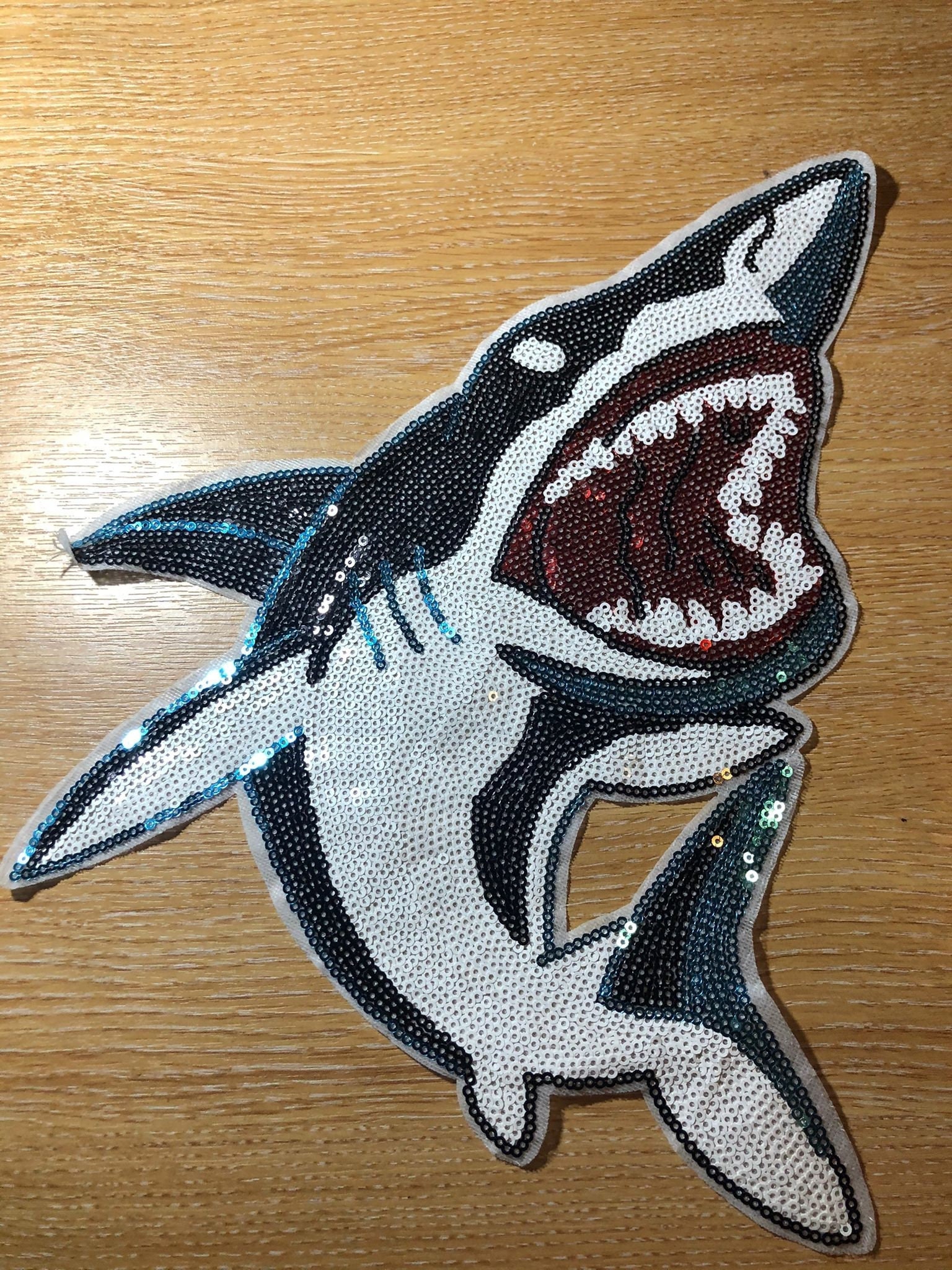 XL Shark Sequin Patch sew On Embroidered Badge Applique Sea - Etsy