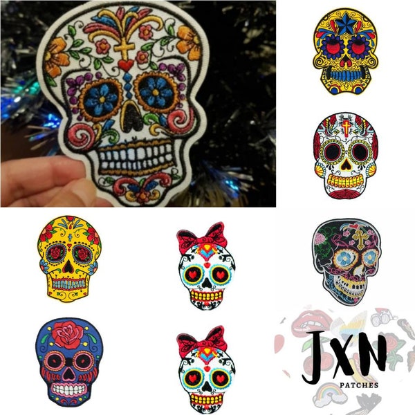 Sugar Skull Patches (Iron On / Sew On) 9 DESSINS Insigne brodé Applique Mexique Sucre mexicain Crâne Motif Crânes Jour Mort Dia Muertos