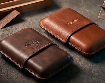 Estuche de cuero personalizado para puros Robusto 5x50, para 1, 2 o 3 puros, hecho a mano con cuero de plena flor y estampado personalizado. Regalo ideal.