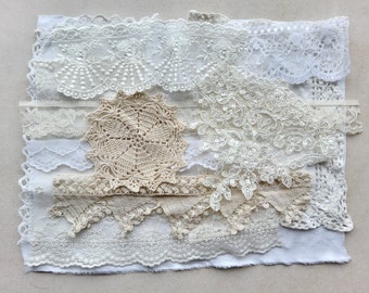 Selection of Vintage Doilies, Table Linen, Edging, Lace Pieces, Appliques, White, Off White, Cream, Beige, Shabby Chic, Junk Journal, Nr.1