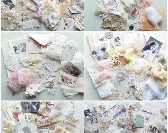 Fabric, Lace, Ephemera Mystery Grab Bag, Pack, Junk Journal, Scrapbooking Supplies, Tags, Paperclips, Book Pages, Charms