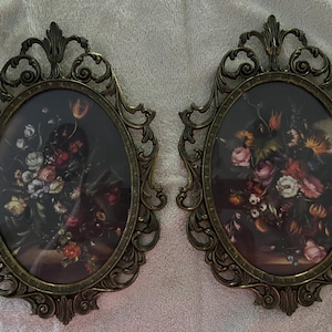 Vintage Italian pair floral print ornate metal frame wall decor Italy set of 2