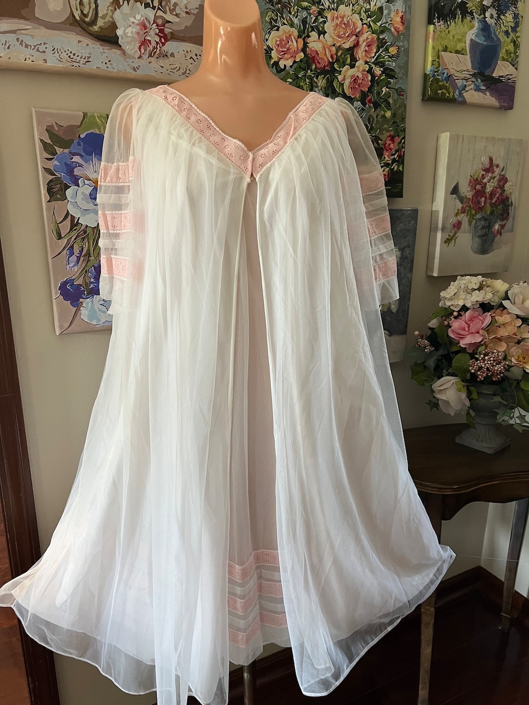 ROGERS vintage 1950s nightgown slip dress, ethereal white chiffon full length wedding night gown