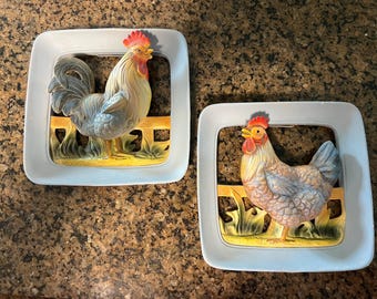 Vintage Napco set of 2 rooster chicken wall plaques
