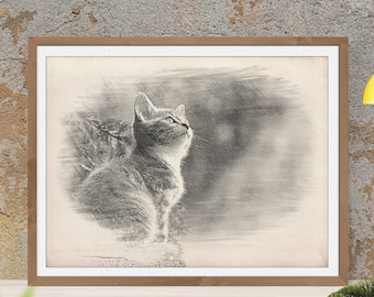 Kitty Cat Pencil Drawing Cat Art Print Cat Nursery Decor Cat Lover Wall Art Home Decor Kitten Housewarming Cute Cat Wall Hanging