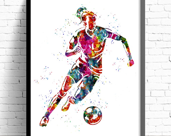 FOOTBALL POUR FILLES, décoration de football, toile de football personnalisée pour filles, toile de football faite main, affiche aquarelle de football féminin