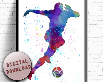 SOCCER SPORT ART Gift Football Soccer Player Dribbling The Ball Soccer Player Watercolor Print Shot At The Goal Poster