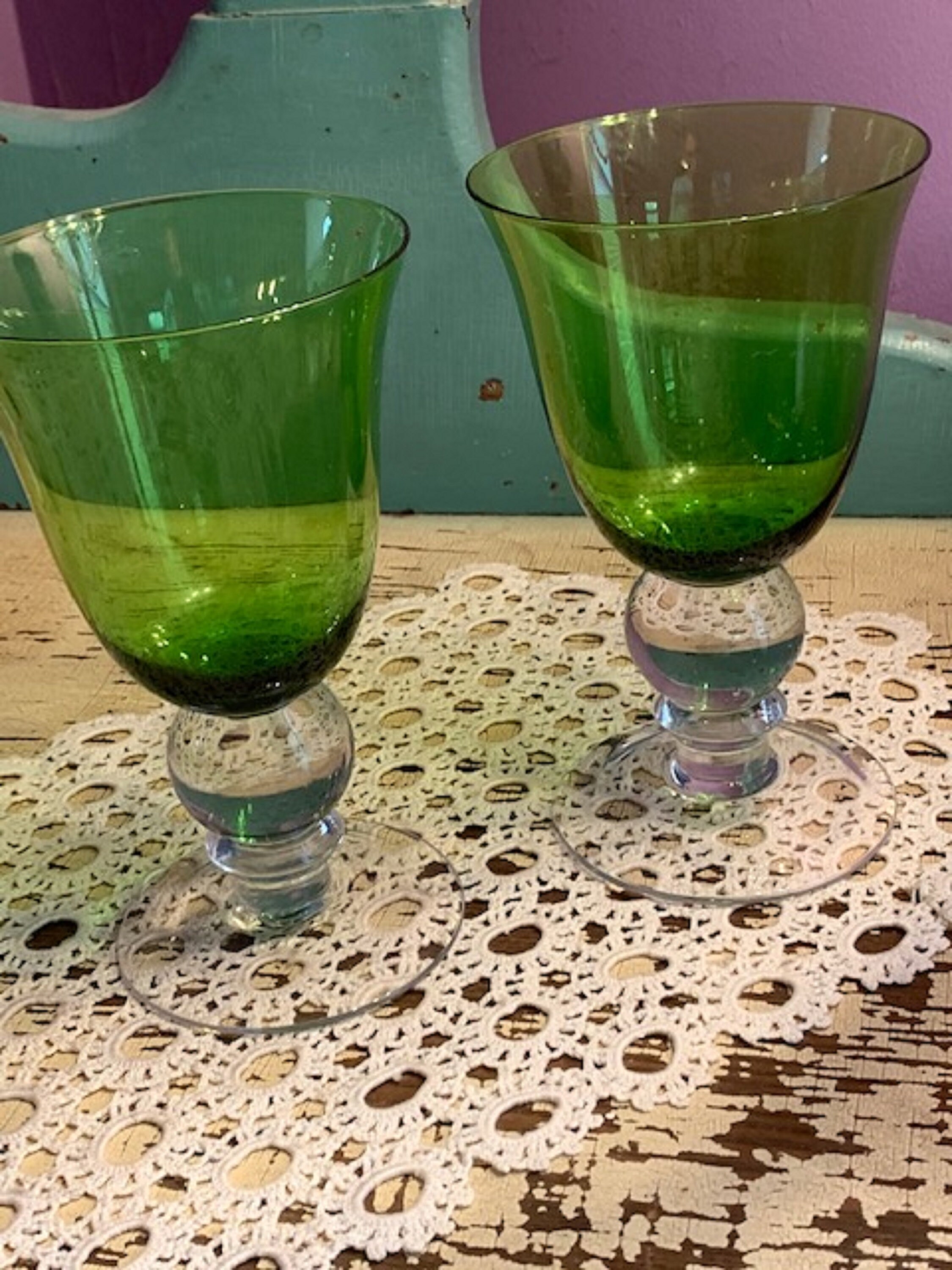 2 Clear Ball Stem Green Bowl Bubbles Water Wine Glass Goblets Etsy