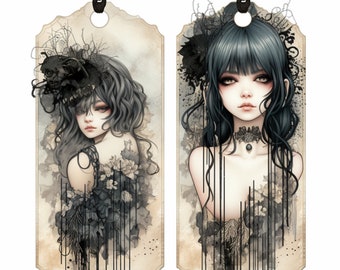 Junk Journal Tags Goth Girl .PNG Files 12 pages