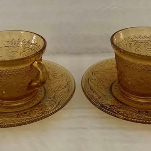 Vintage 1970’s  Pair of Indiana Tiara Sandwich Glass Amber Cups and Saucers.