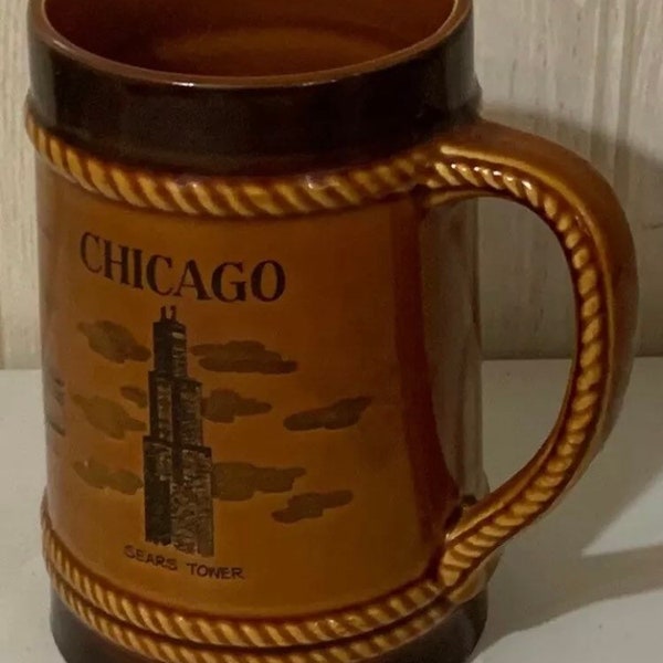 Vintage Chicago Souvenir Ceramic Stein Sears Tower O’Hare John Hancock Center